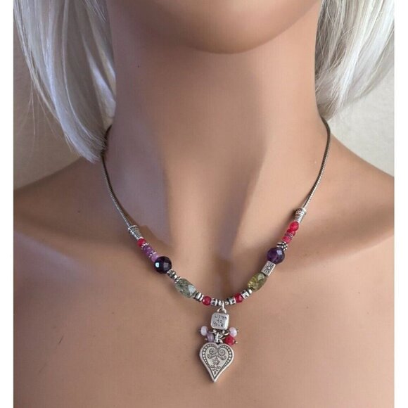Brighton Jewelry - Brighton Multi Gemstone Heart Pendant Silver Plated Necklace 18 Inches